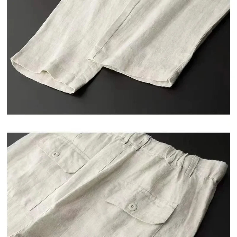 Mens 2 Piece Set Linen Pocket Solid Breathable Casual Mens Suit Business Clothing Thin Jacket Prom Long Pants Blazer Outfits 240530