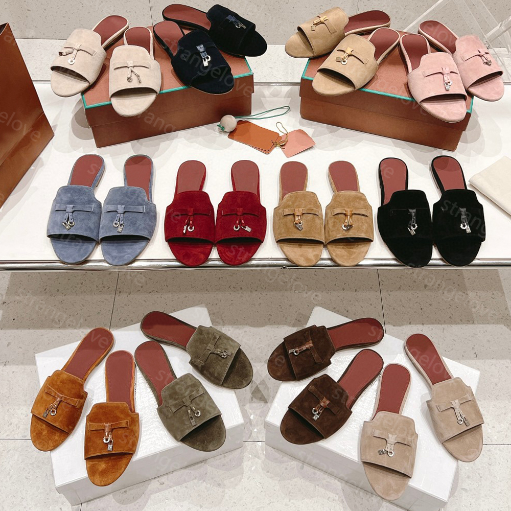 Mule Women's Summer Charms Leather Slippers Suede Goatskin Slippers Shoes Charms Sandal Designers Slippers summer luxury SIZE 33-42 Dermal sole Wool Loafers luxury