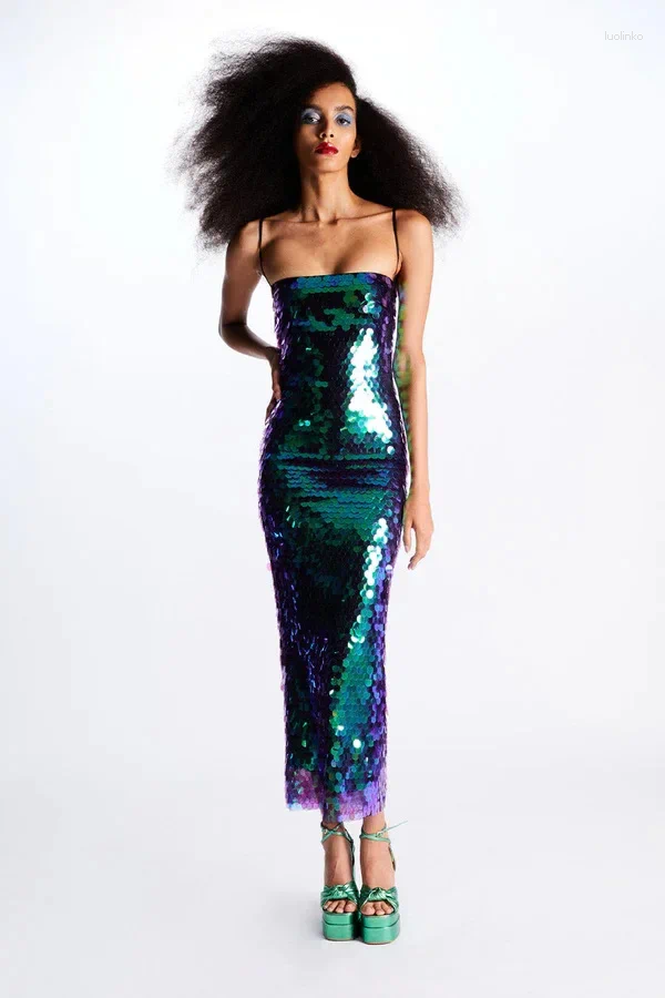 Casual Dresses Sequin Color Contrast Evening Dress For Ladies Sexy Backless Halter Off Shoulder Bodycon Midi Female Chic Party Vestido
