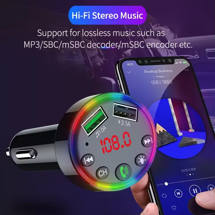 2025 new 2025 new 2025 new Bluetooth FM Transmitter 7 Colors LED Backlit Car Radio Free MP3 Music Player Atmosphere Light Audio Receiver USB