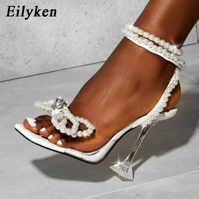 Eilyken Women Sandals Summer Sexy Perspex Crystal High Heels Party Wedding Shoes Square Toe Pearls String Bowknot Pumps 240528