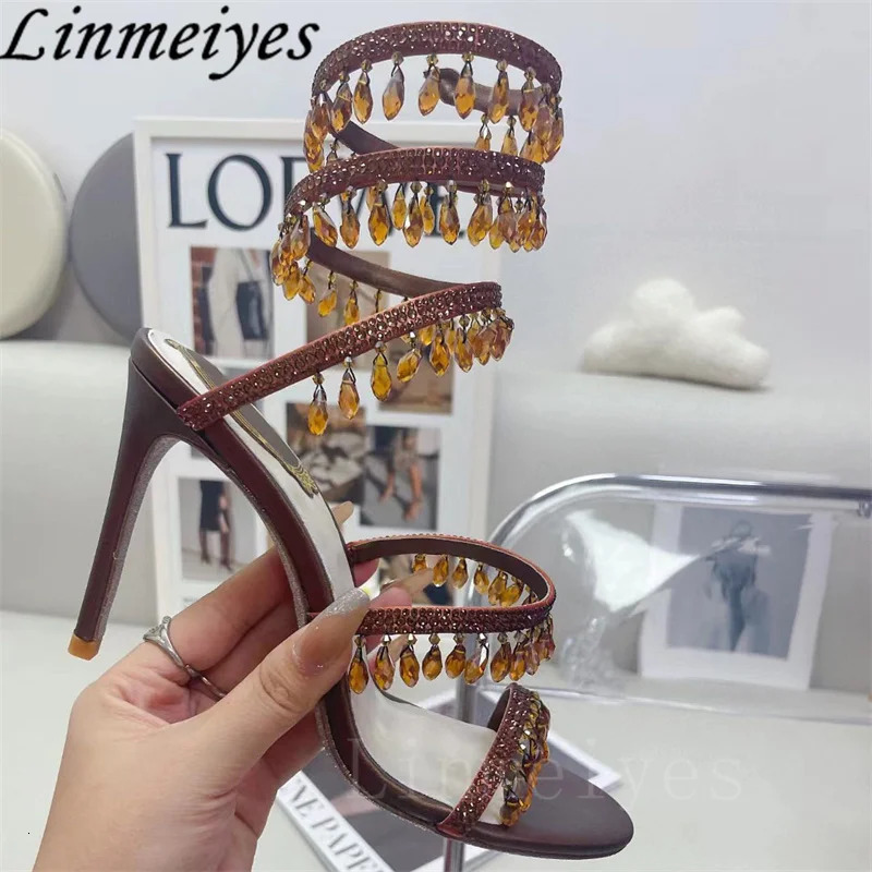 Summer High Heels Sandals Women Rhinestone String Bead Ankle Snake Twine Around Wedding Shoes Lady Gladiator Sandals Woman 240528
