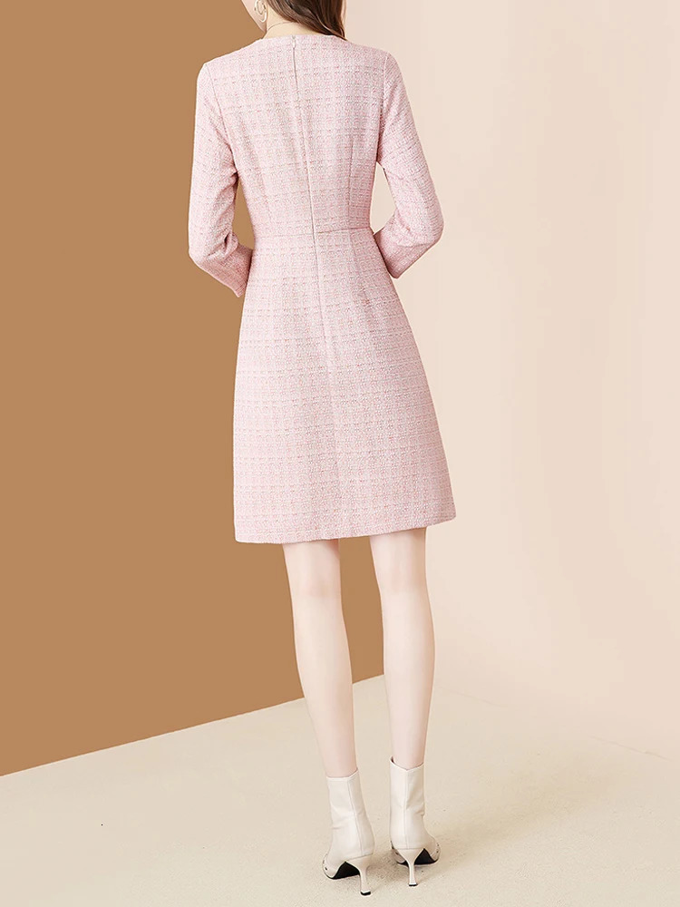 EVNISI Pink Dress For Women Tweed Patchwork Knitted Peter Pan Collar Dresses Office Lady Plaid Vestidos Autumn And Winter 240529
