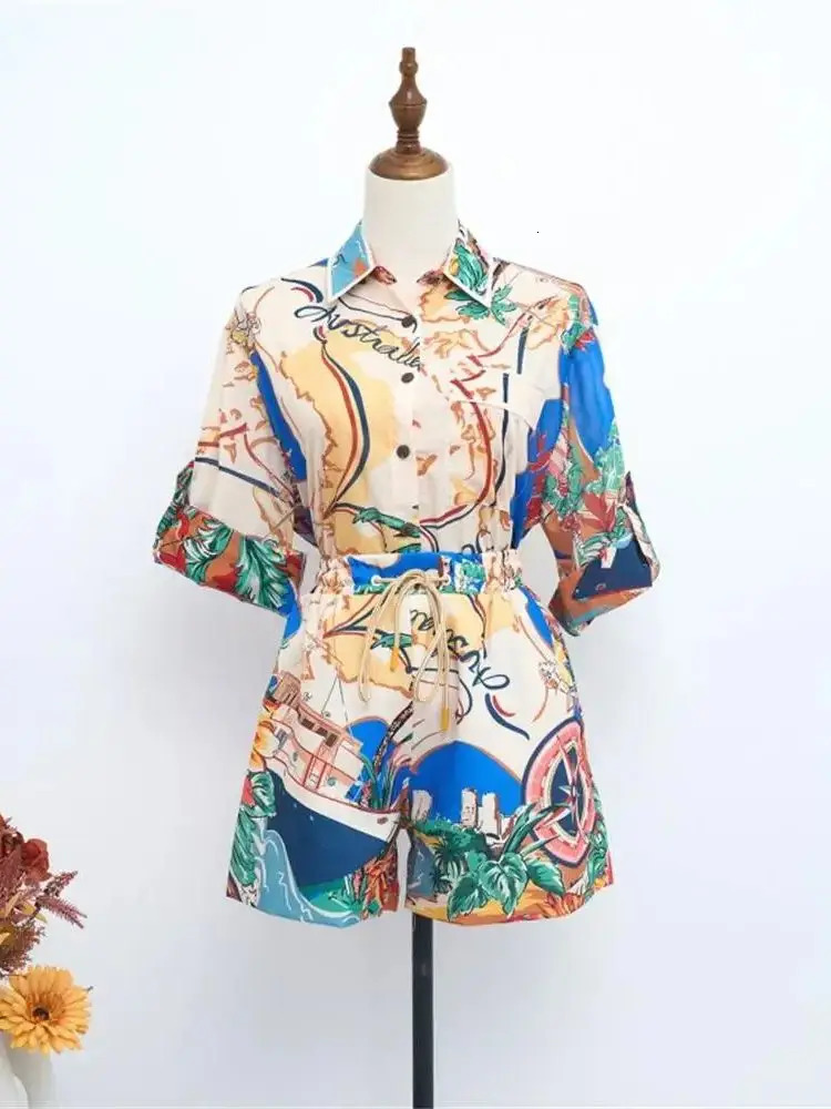 SHENGPALAE 2 Piece Set Summer Printed Short Sleeved Shirt And Shorts Casual Fashion Elegant Loose Womens Clothes R9745 240530