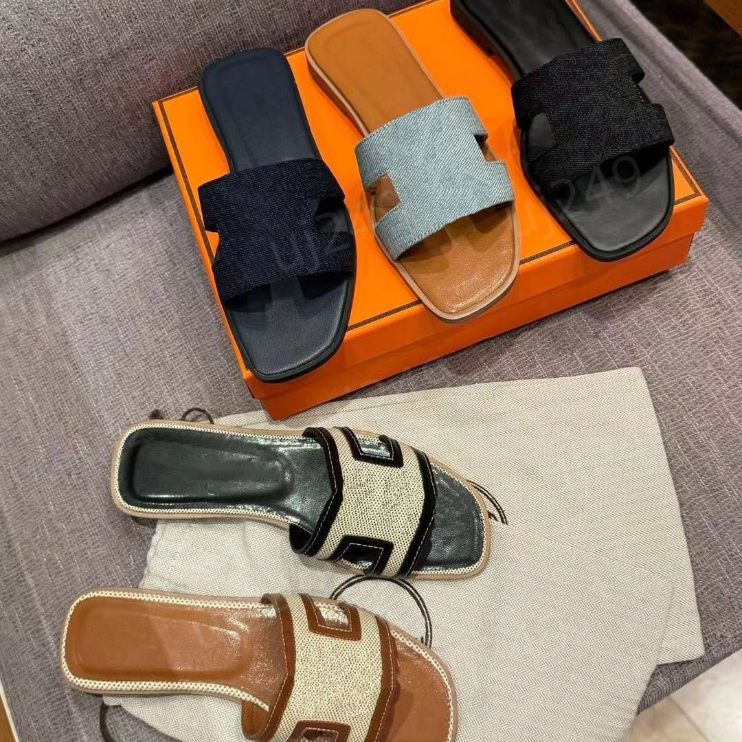 Designer women beach washed denim slippers sandals classic flats summer luxury leather lady brand fashion mules casual sliders