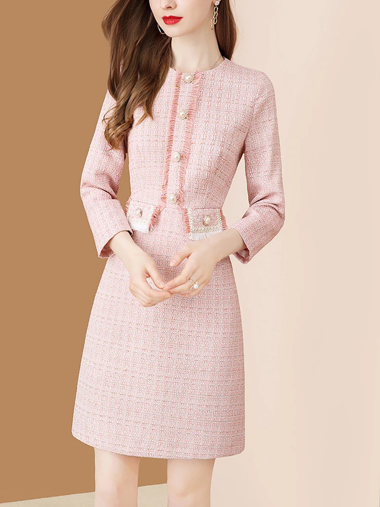 EVNISI Pink Dress For Women Tweed Patchwork Knitted Peter Pan Collar Dresses Office Lady Plaid Vestidos Autumn And Winter 240529