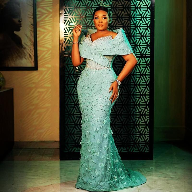 2024 Mint Plus Size Prom Dress Mermaid Promdress Evening Formal Gowns Portrait Beaded Rhinestones Crystals 3D Flowers Lace Birthday Dress Anniversary 