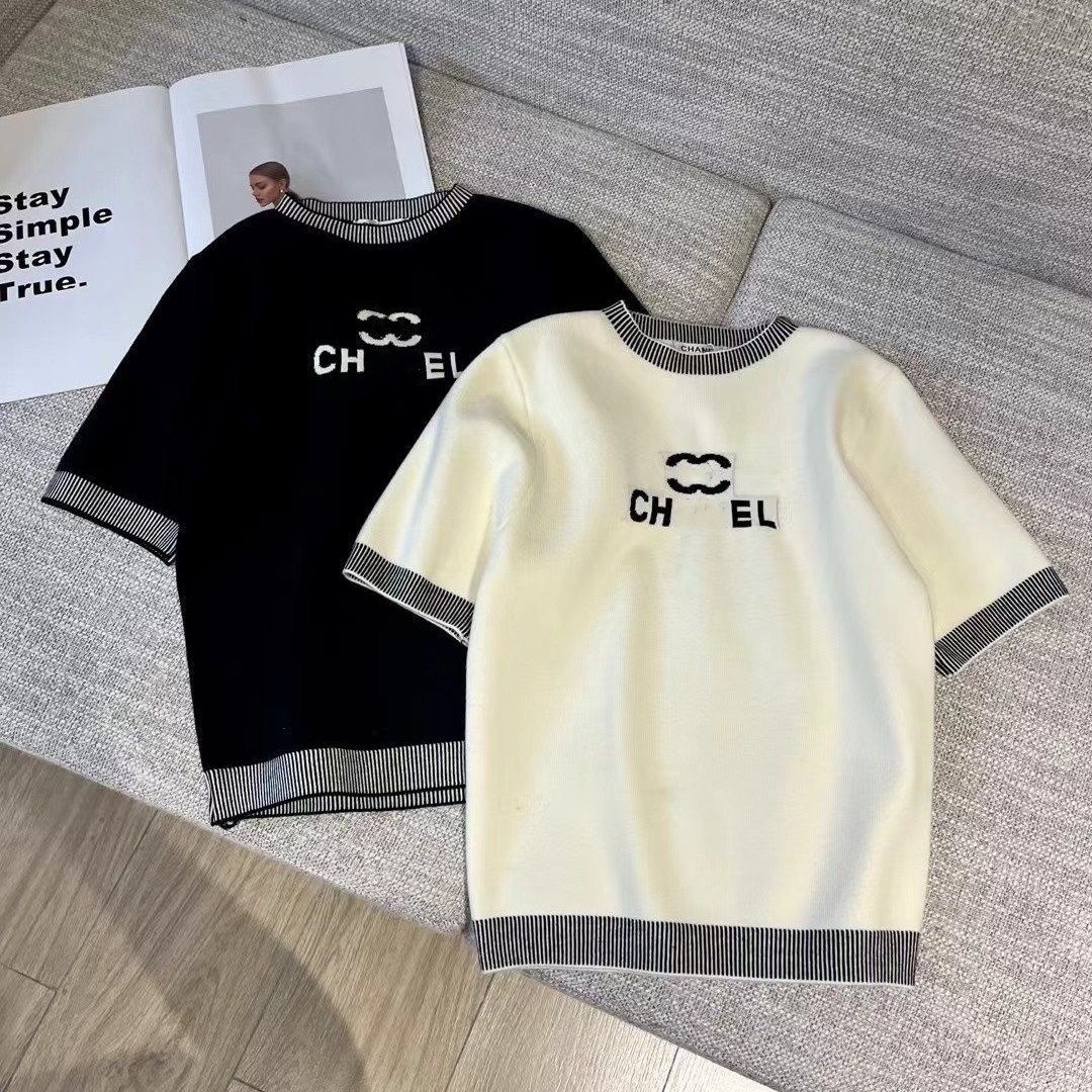 2024 New Designer explosion short-sleeved top casual commuter jacquard crew-neck new sweater niche letter neckline knitwear
