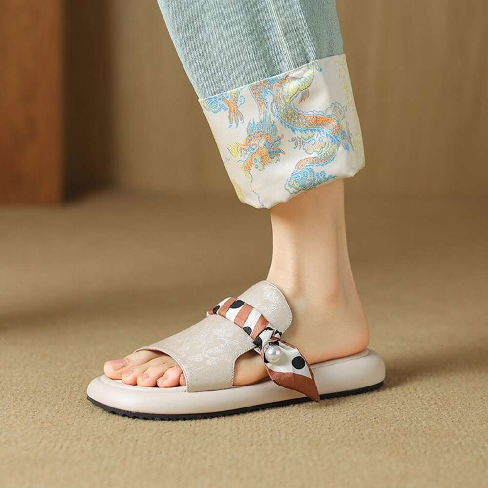 Women Flat Open Toe Scarf Pearl Decoration Comfortable Soft Sole Slippers 2024 Summer Thick Soled Sandals Chinese Style af1d8