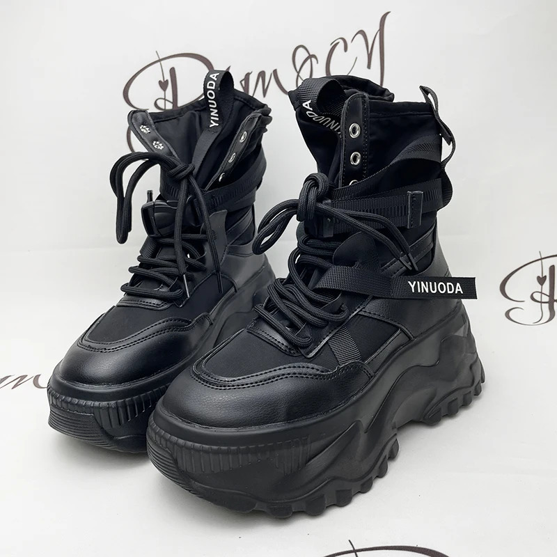 White Chunky Platform Motorcycle Boots Women Buckle Lace Up Thick Bottom Ankle Boots Woman Autumn Fashion Vulcanized Shoes 240607