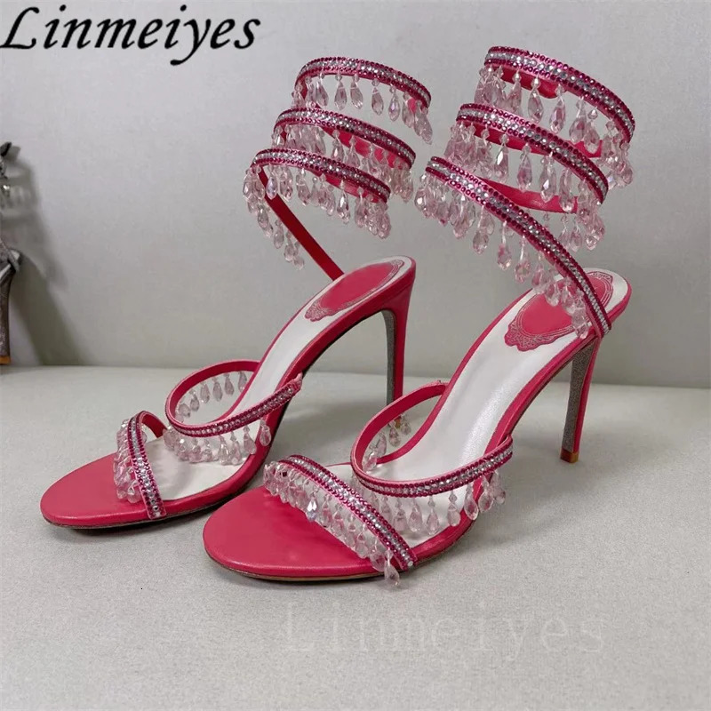 Summer High Heels Sandals Women Rhinestone String Bead Ankle Snake Twine Around Wedding Shoes Lady Gladiator Sandals Woman 240528