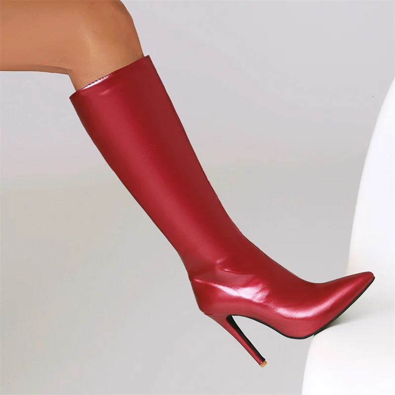 Sexy Womens High Knee Boots Fashion Red Blue Black Heel High Knee Boots Womens Waterproof Party fetishism Long Boots Autumn and Winter 240607