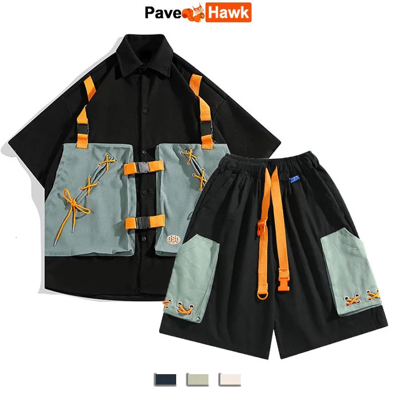 Summer Mens Oversize Set Retro Japanese Frenums Cargo ShirtCargo Shorts Fashion Half Sleeve Patchwork Two Piece Set for Unisex 240601