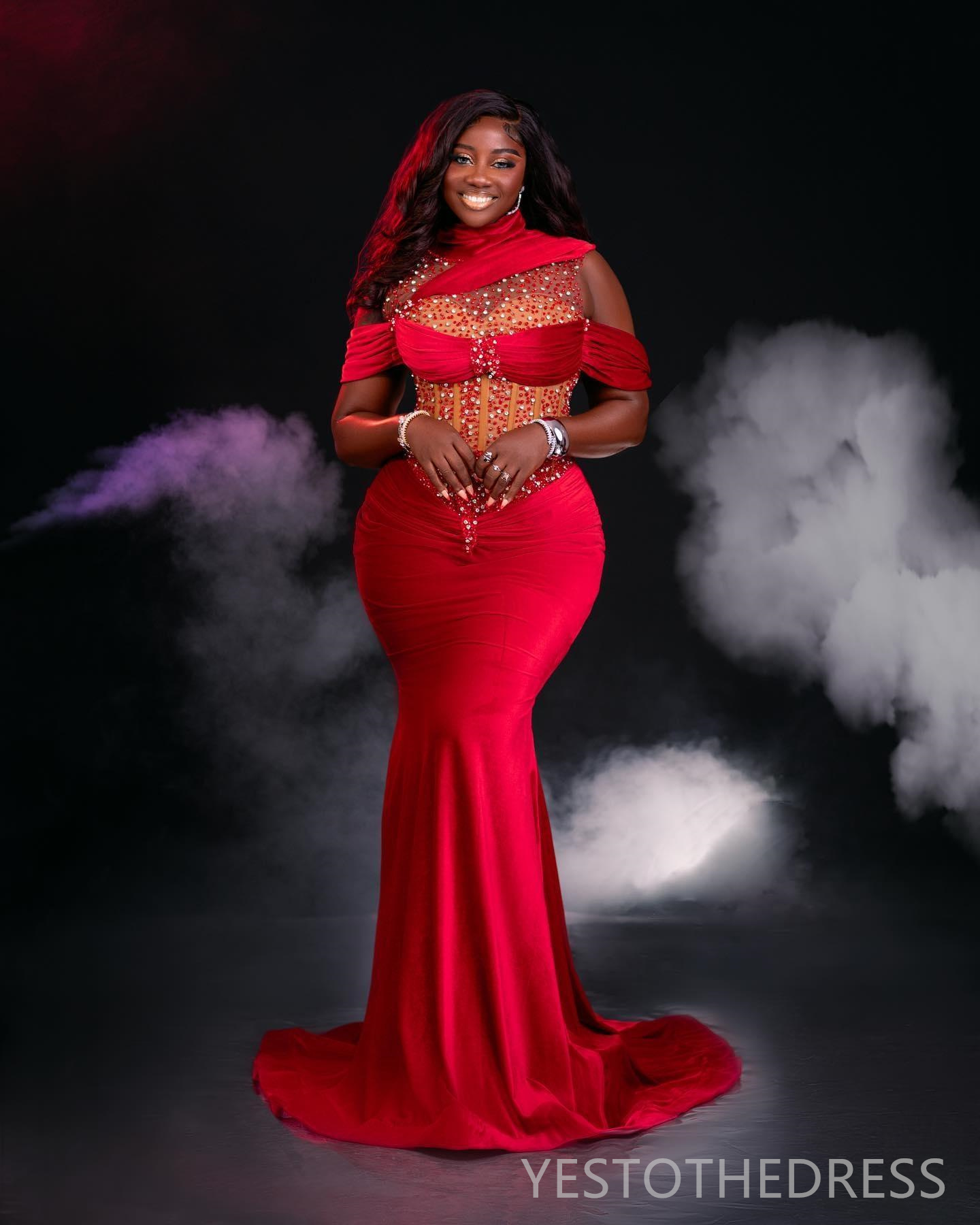 R&W 2024 Red Prom for Black Women Mermaid Promdress High Neck Long Sleeves Veet Illusion Evening Dresses Beaded Birthday Dress Second Reception Gowns 