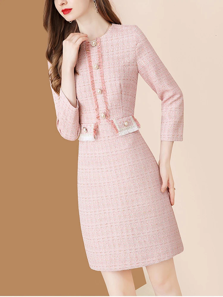 EVNISI Pink Dress For Women Tweed Patchwork Knitted Peter Pan Collar Dresses Office Lady Plaid Vestidos Autumn And Winter 240529