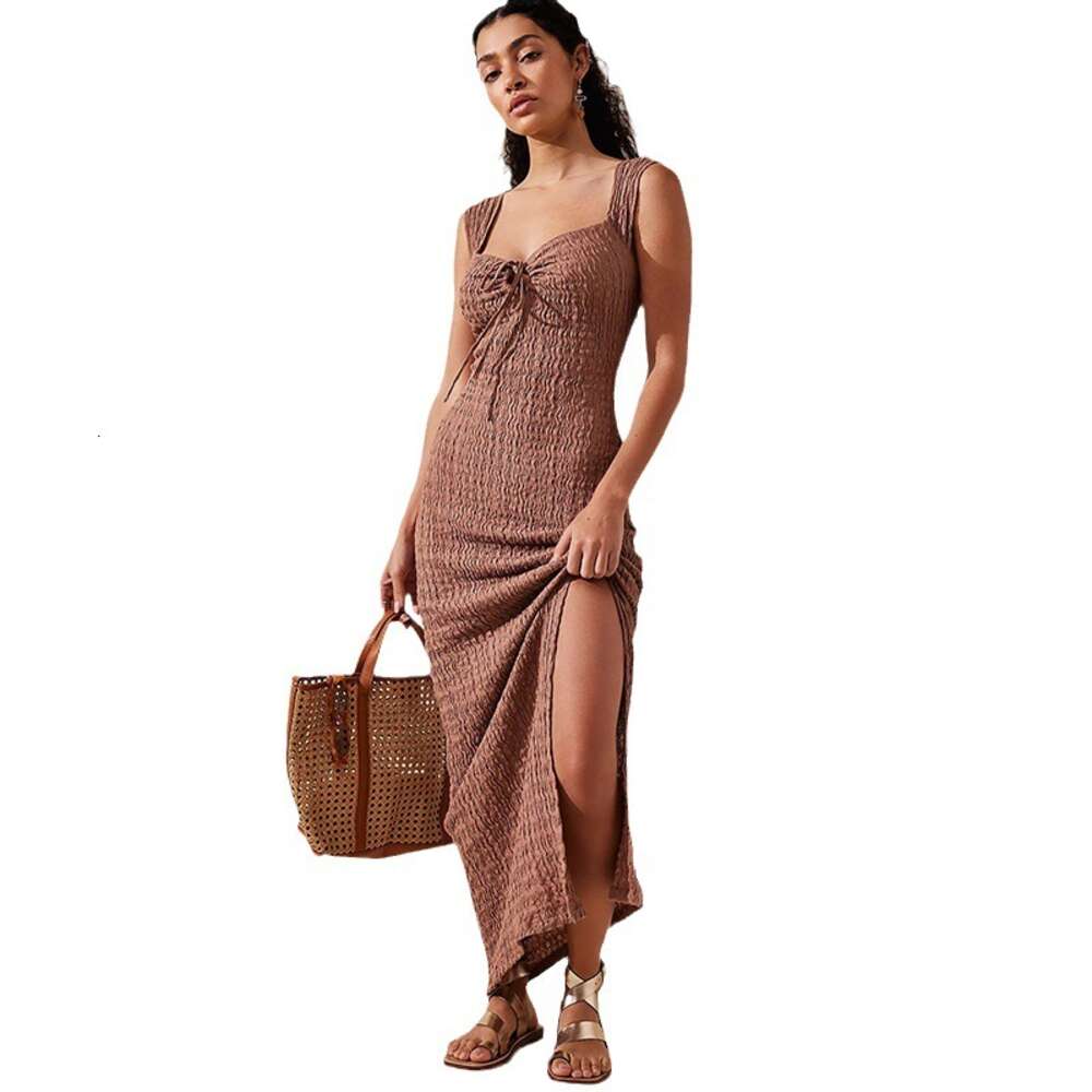 Autumn New Product Sexy Low cut V-neck Hollow Back Hanging Neck Lace up Mid length Split Dress for Women