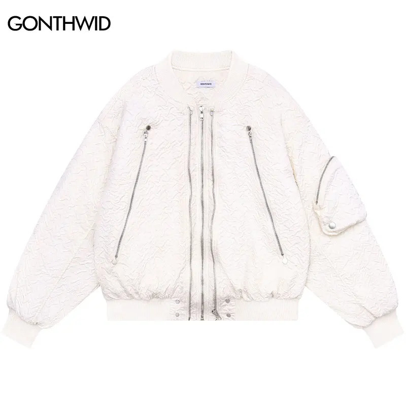 Vintage Bomber Pleated Jacket Y2K Hip Hop Solid Thick Warm Zipper Baseball Coats Streetwear Harajuku Casual Loose Jackets 240530
