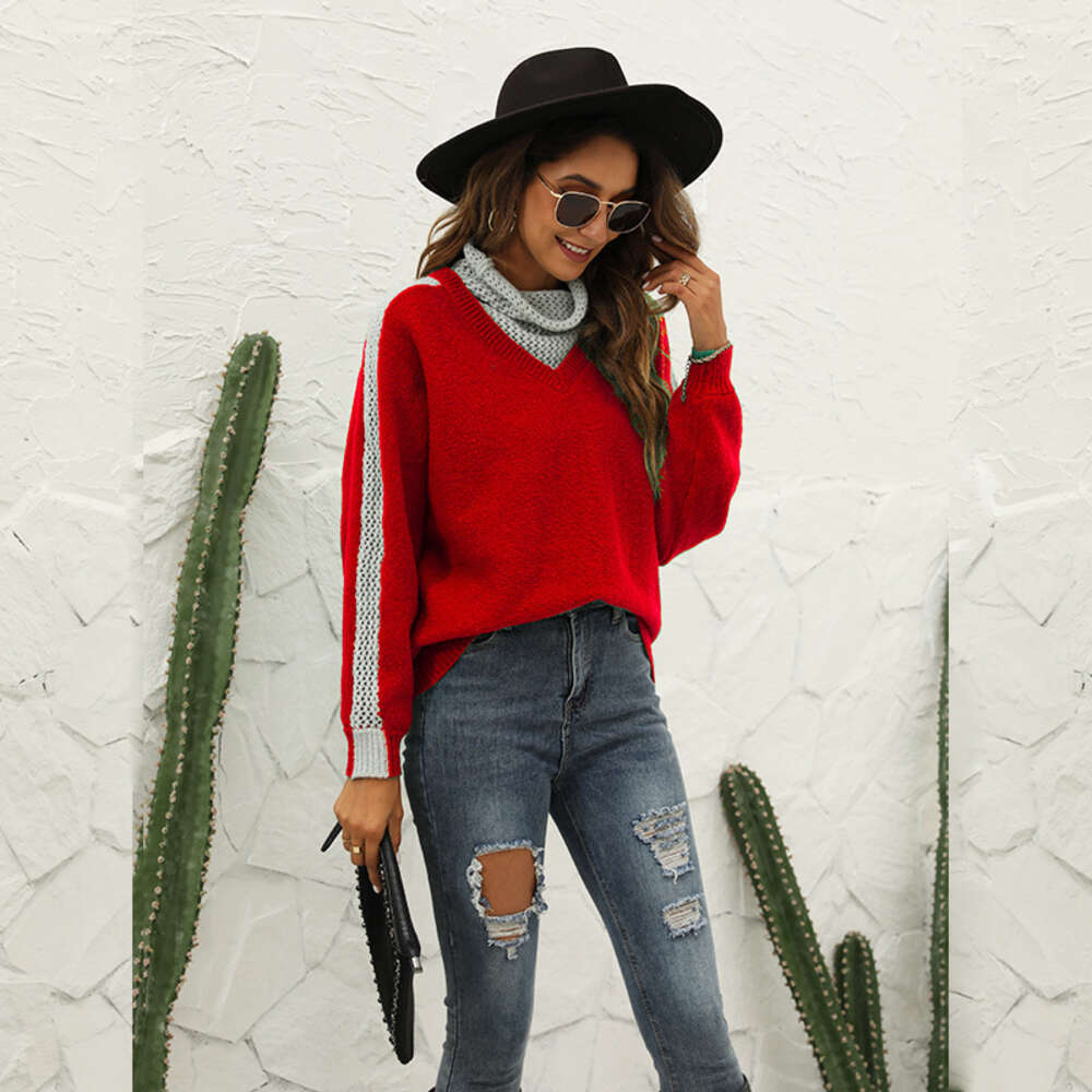 Autumn and Winter 24ss New Color Blocked High Neck Pullover Sweater Fashion Versatile Loose Knit Wool Coat Women