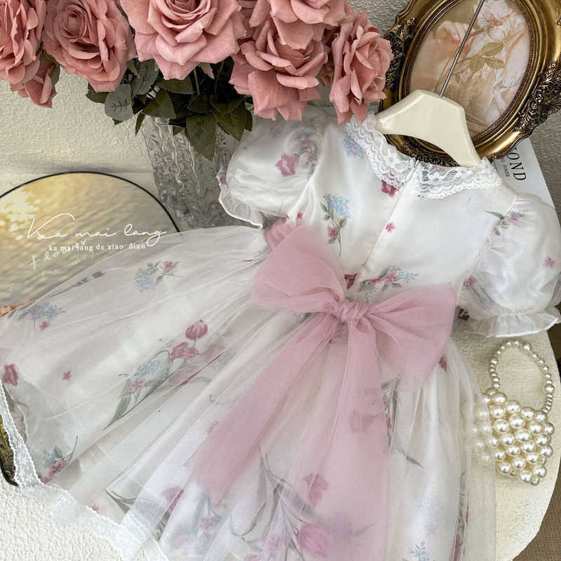 Girl's Dresses Girl's Dress 2024 Summer New Little Girl Super Immortal Mesh Lace Dress Tidal Bubble Sleeves Princess Dress