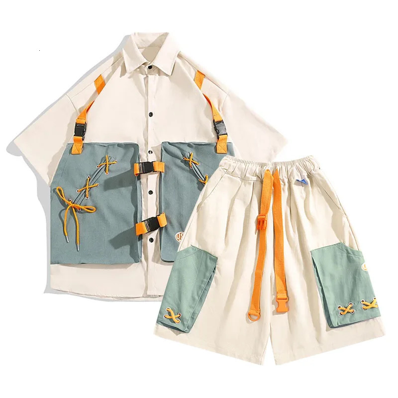 Summer Mens Oversize Set Retro Japanese Frenums Cargo ShirtCargo Shorts Fashion Half Sleeve Patchwork Two Piece Set for Unisex 240601