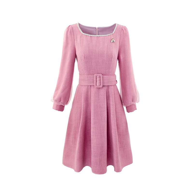 EVNISI Women Diamonds Shiny Bee Brooch Dresses Square Collar Elegant Solid Tweed Dress For Women Casual Office Lady Vestidos 240529