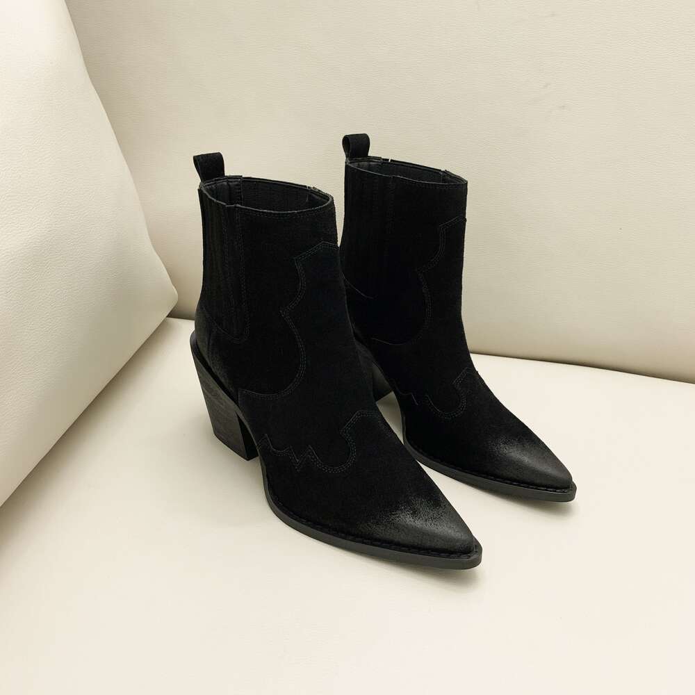 Natural Leather Genuine Pointed Toe Mid Ankle Thick Square Heel Slip On Western Cowboy Boots Women