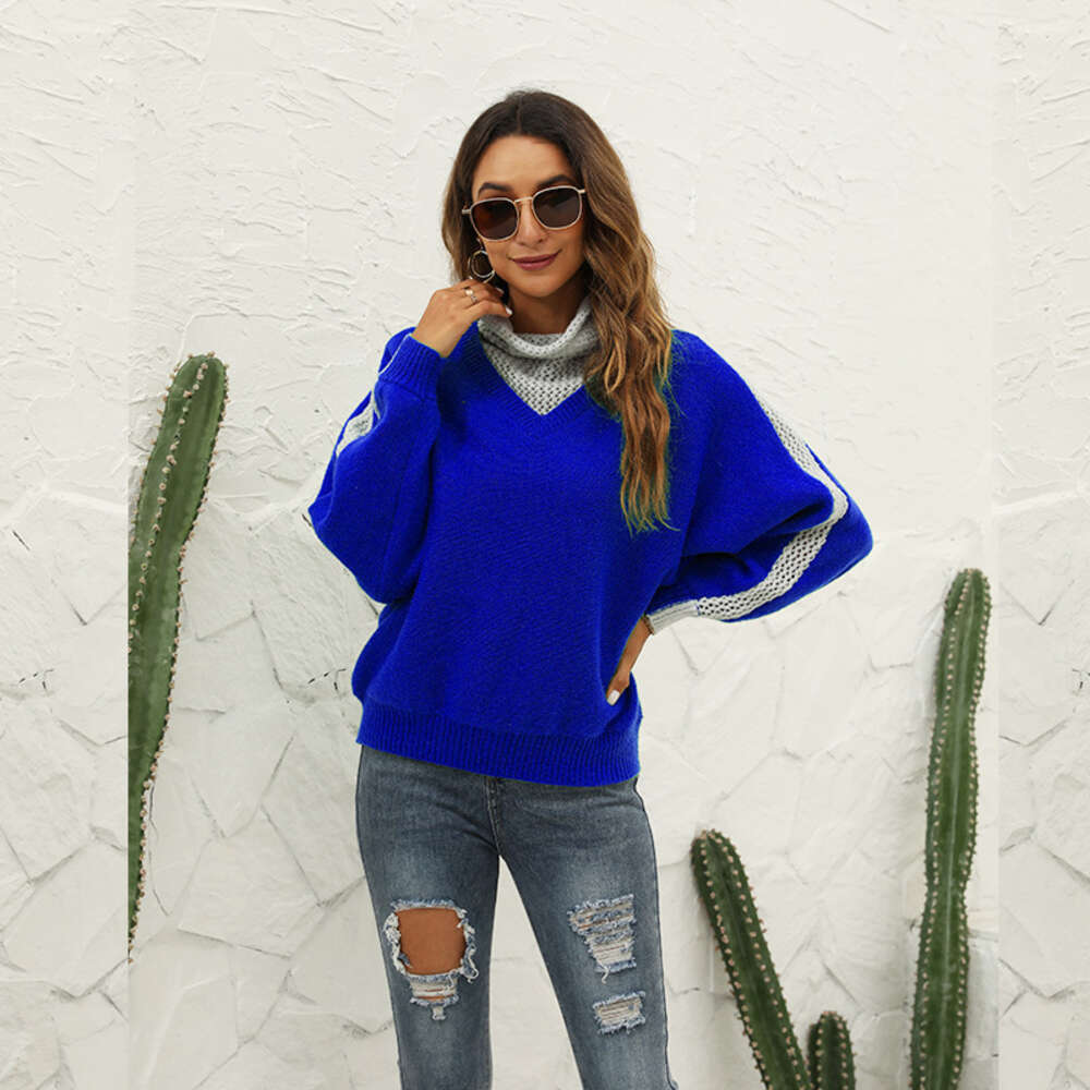 Autumn and Winter 24ss New Color Blocked High Neck Pullover Sweater Fashion Versatile Loose Knit Wool Coat Women