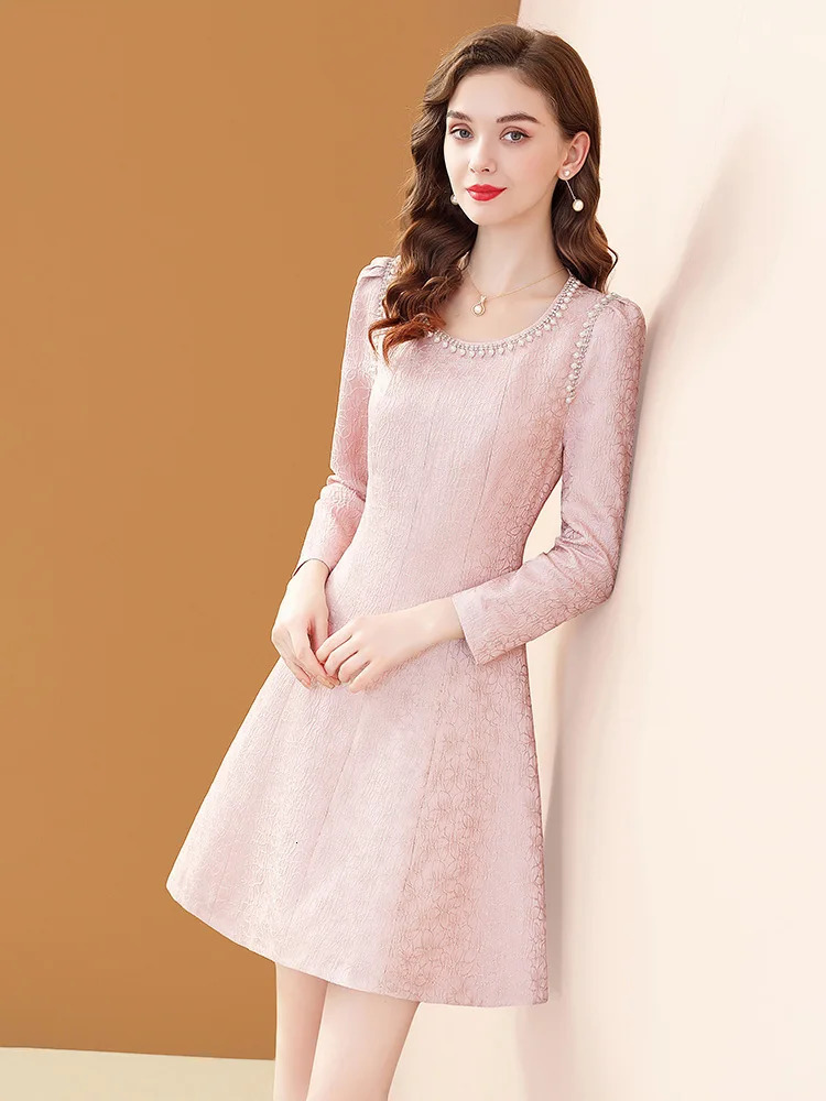 EVNISI Women Elegant Tweed Dress Embroidered Flares Casual Office A-line Dresses O-neck Slim Party Vestido Women Autumn Winter 240529