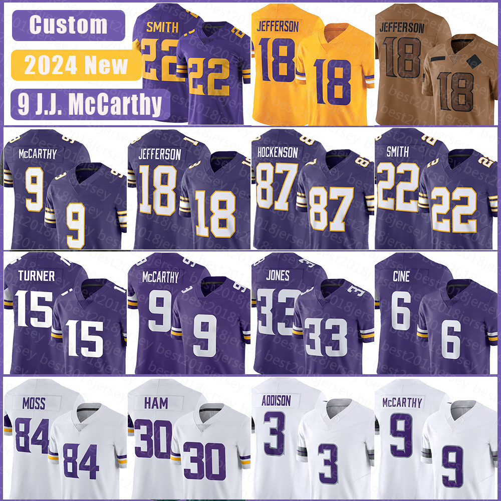 Camryn Bynum Football Jersey Men J.J. McCarthy Aaron Jones Randy Moss Justin Jefferson T.J. Hockenson Addison Harrison Smith Turner Lewis Cine C.J. Ham Randy Moss