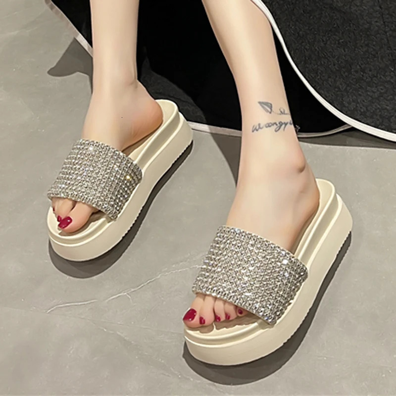 Rimocy Fashion Rhinestone Chunky Sandals Women Summer Thick Platform Wedges Slippers Woman Casual Non Slip Slide Sandals Female 240607
