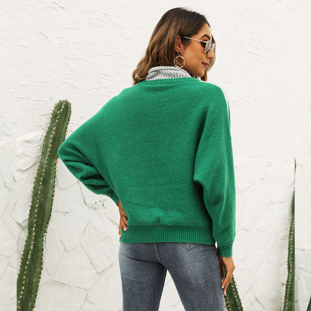 Autumn and Winter 24ss New Color Blocked High Neck Pullover Sweater Fashion Versatile Loose Knit Wool Coat Women