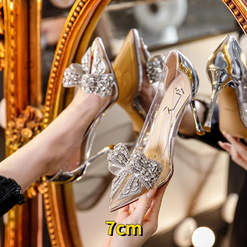 Summer Pointed Crystal Fairy Ladies Wind Sandals Rhinestone Butterfly-knot Transparent High Heel Women Sandals Fashion Shoes 240528