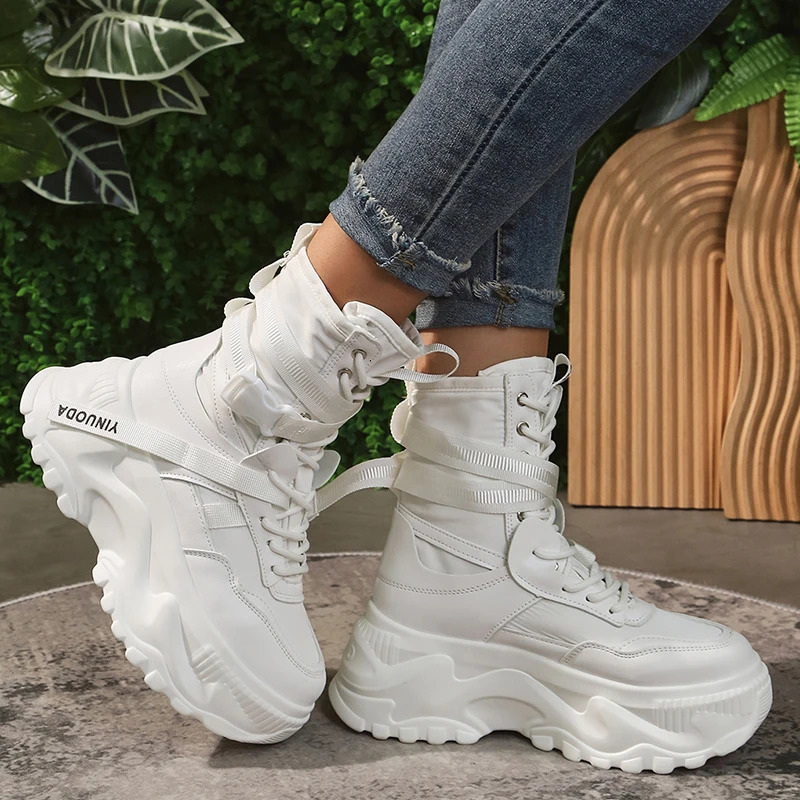 White Chunky Platform Motorcycle Boots Women Buckle Lace Up Thick Bottom Ankle Boots Woman Autumn Fashion Vulcanized Shoes 240607