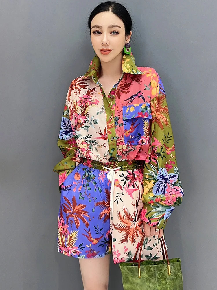 SHENGPALAE 2 Piece Set Summer Printed Short Sleeved Shirt And Shorts Casual Fashion Elegant Loose Womens Clothes R9745 240530