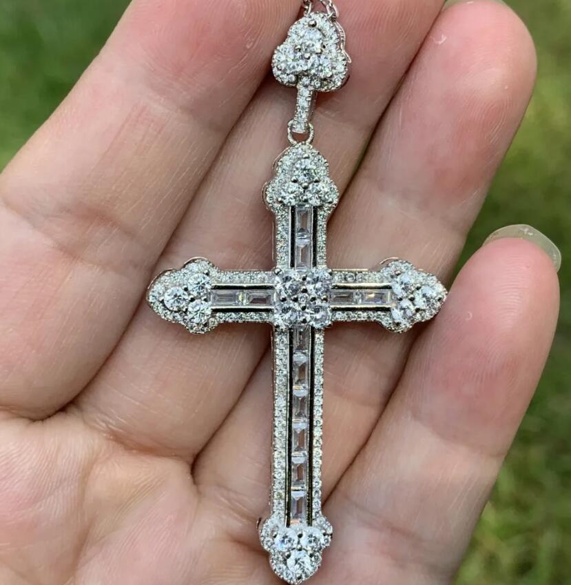 Rulalei Vintage Gorgeous Big Cross Pendant 5A Cubic Zircon CZ Diamond 925 Sterling silver Cross Pendant Necklace for Women Men Party Wedding jewelry G