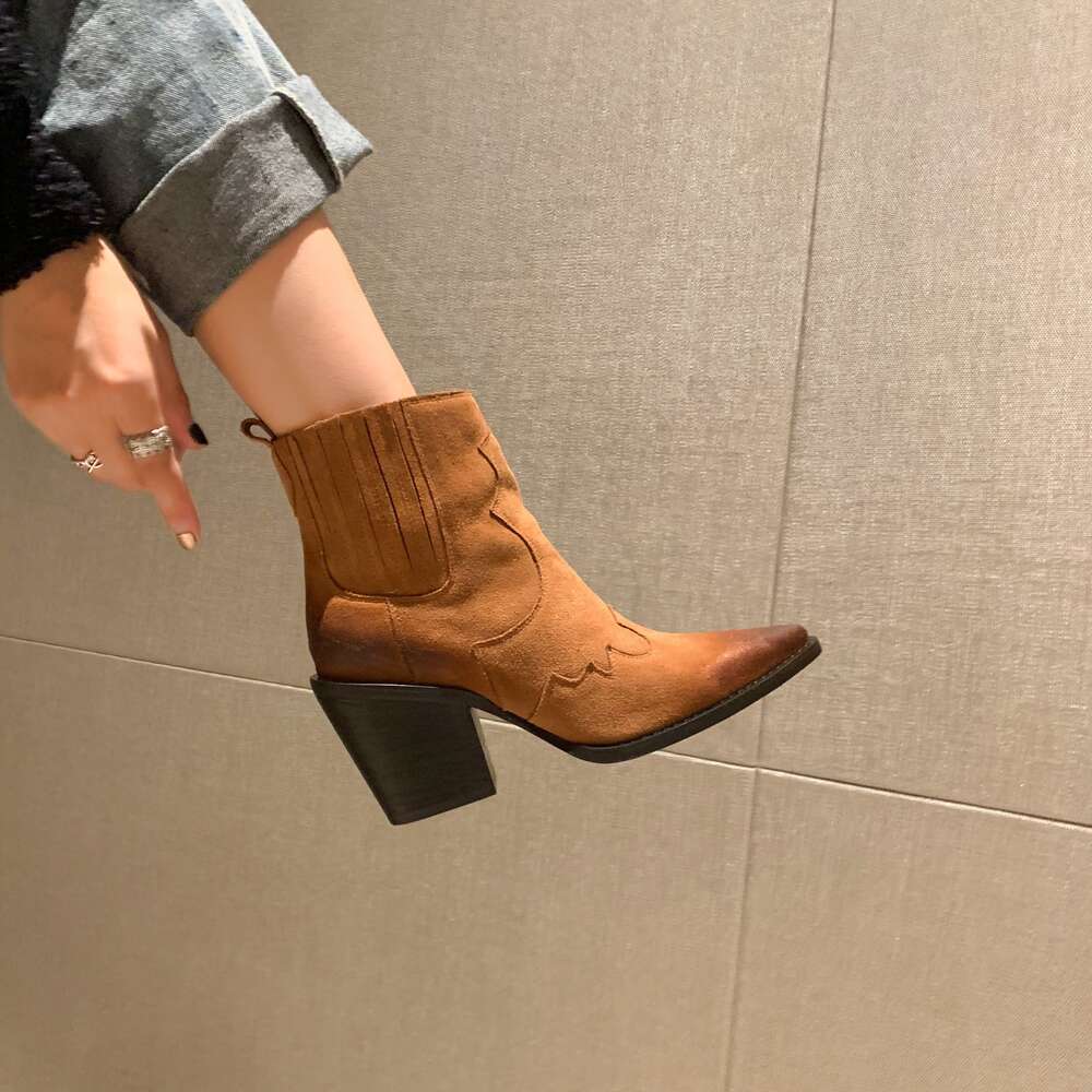 Natural Leather Genuine Pointed Toe Mid Ankle Thick Square Heel Slip On Western Cowboy Boots Women