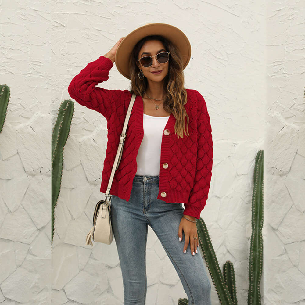 Autumn / Winter 24ss Solid Color V-neck Jacquard Knit Cardigan Wool Knit Top Button Slim Fit Over Sweater
