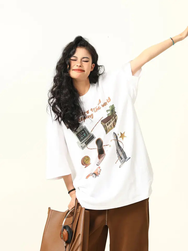 Retro Printed Short-sleeved T-shirts Men and Women in Summer Y2K Personalized Simple Couple Niche Ins Half-sleeved Tops 240530