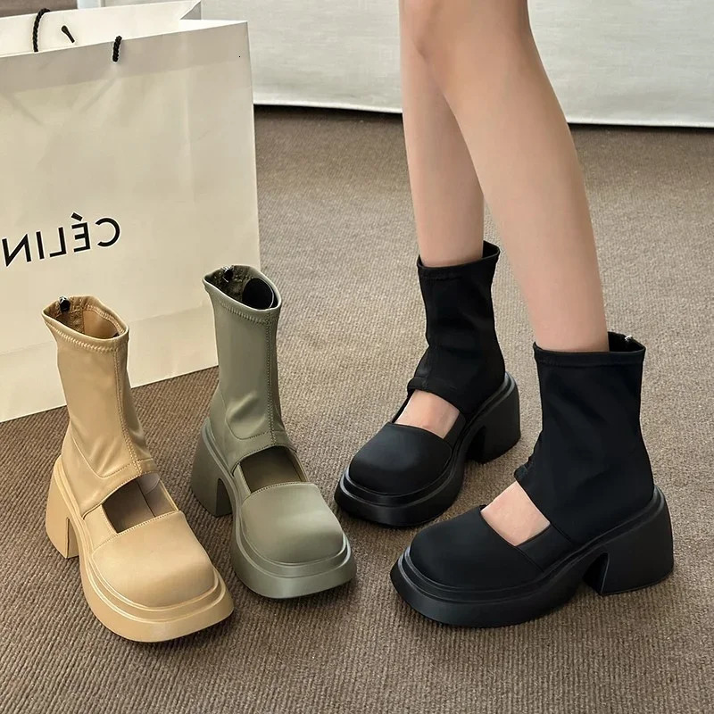 New Summer Womens Cool Boots Simple Leather Zipper Gothic Mid Boots Fashion Black Casual Party High-heeled Womens Boots 240607