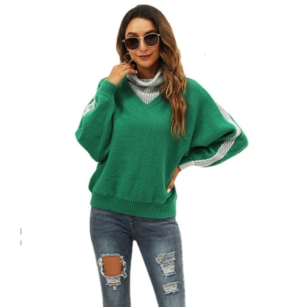 Autumn and Winter 24ss New Color Blocked High Neck Pullover Sweater Fashion Versatile Loose Knit Wool Coat Women