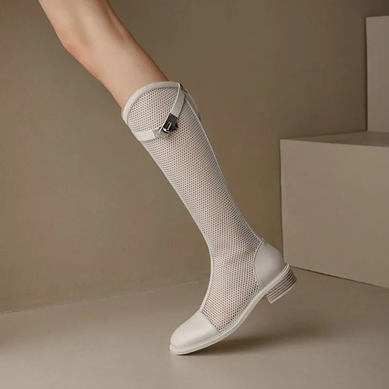 Summer Women Knee-high Mesh Bota mouth Breathable Net Knight Boots Thick Bottom Hollow Shoes Chunky Low Heel Femininos 240607