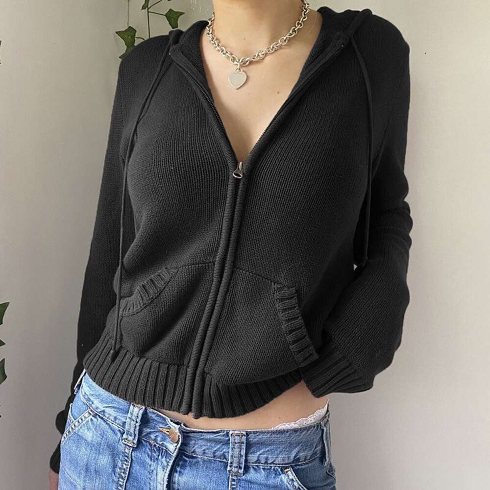 24ss New Open Navel Zipper Hooded Casual Sports Coat Knitted Sweater with Slim Appearance for Women - view 4