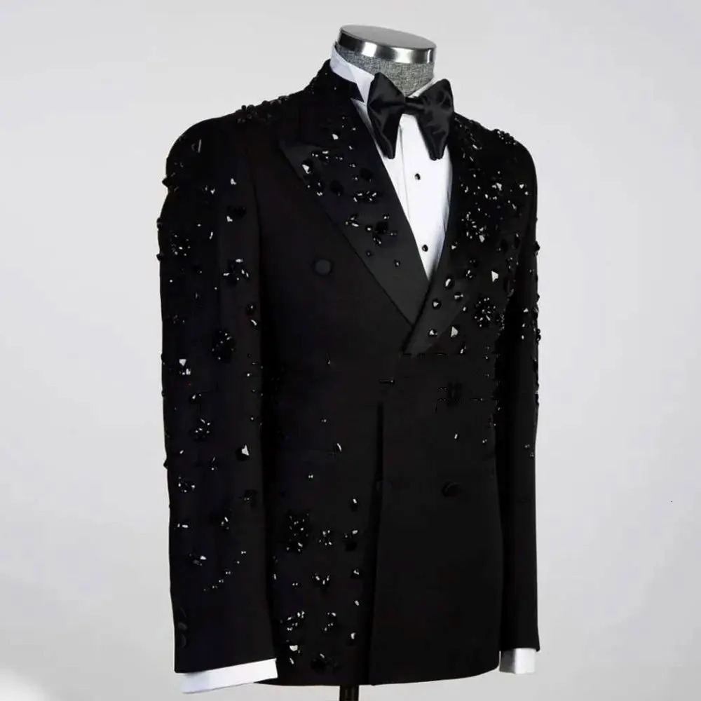 Formal Wedding Suits For Men Fit Slim Black Beading Jacket Pants 2 Pieces Sets Male Fashion Groom Custom Made Tuxedos Prom Party 240603