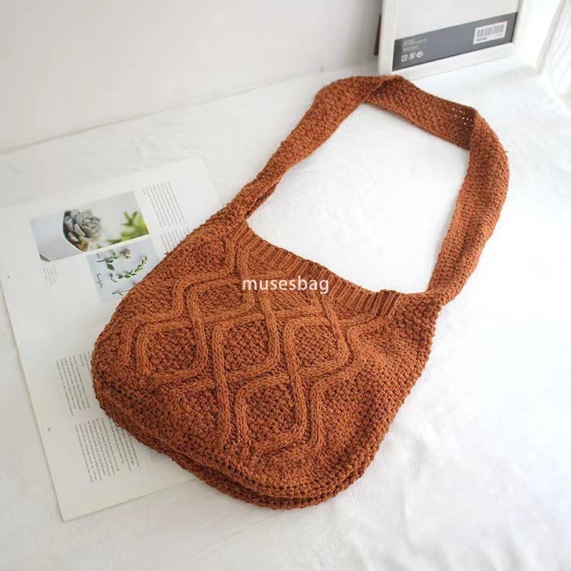 New Knitted Knitted Bag Knitted Bag Essential for Commuting Large Capacity Tote Bag Bohemian Style Crossbody Bag Diamond Pattern Bag
