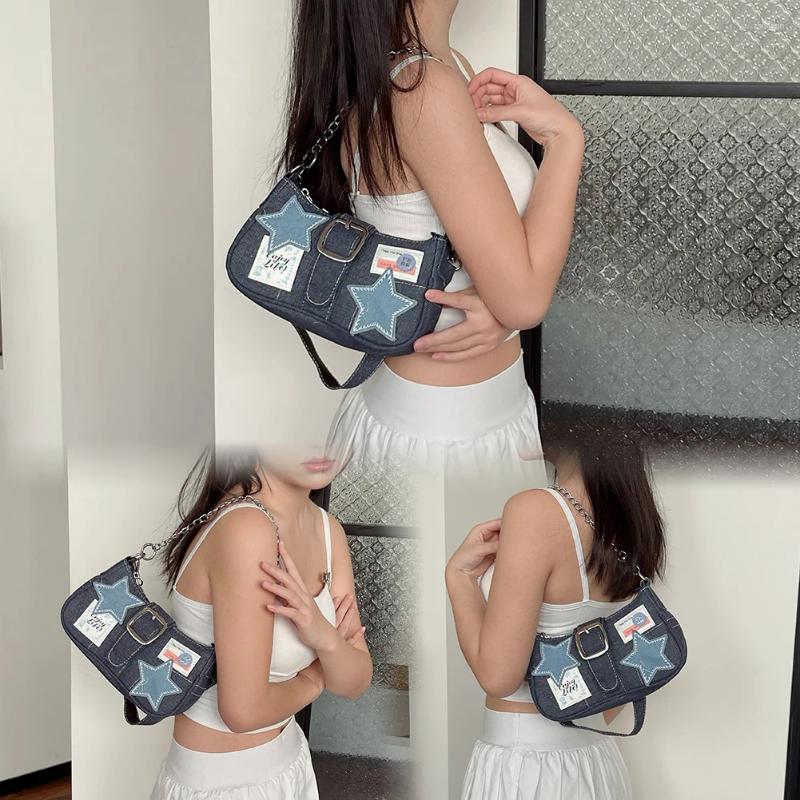 2025 NEW Drawstring Women Fashion Shoulder Bag Stars Pattern Denim Chain Underarm Adjustable Strap Vintage Handbag Girls Outdoor Daily zhanyishengli