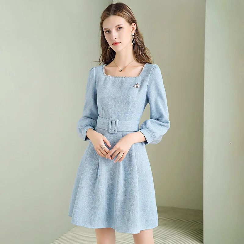 EVNISI Women Diamonds Shiny Bee Brooch Dresses Square Collar Elegant Solid Tweed Dress For Women Casual Office Lady Vestidos 240529