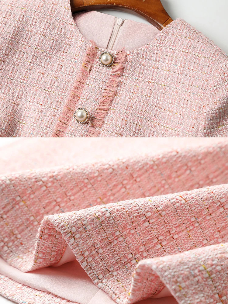 EVNISI Pink Dress For Women Tweed Patchwork Knitted Peter Pan Collar Dresses Office Lady Plaid Vestidos Autumn And Winter 240529