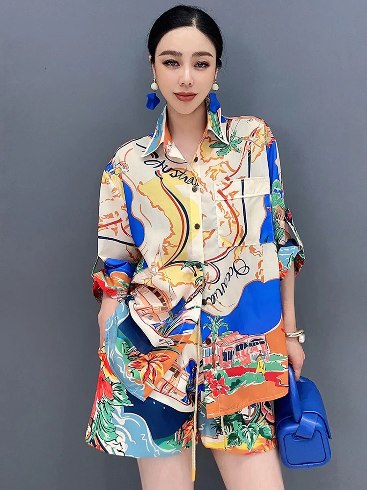 SHENGPALAE 2 Piece Set Summer Printed Short Sleeved Shirt And Shorts Casual Fashion Elegant Loose Womens Clothes R9745 240530