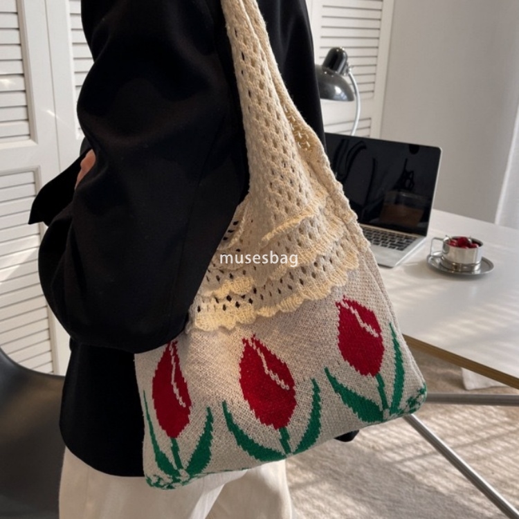 New high-quality knitted bag woven bag shoulder bag Japanese and Korean tote bag bohemian tulip flower bag women bag