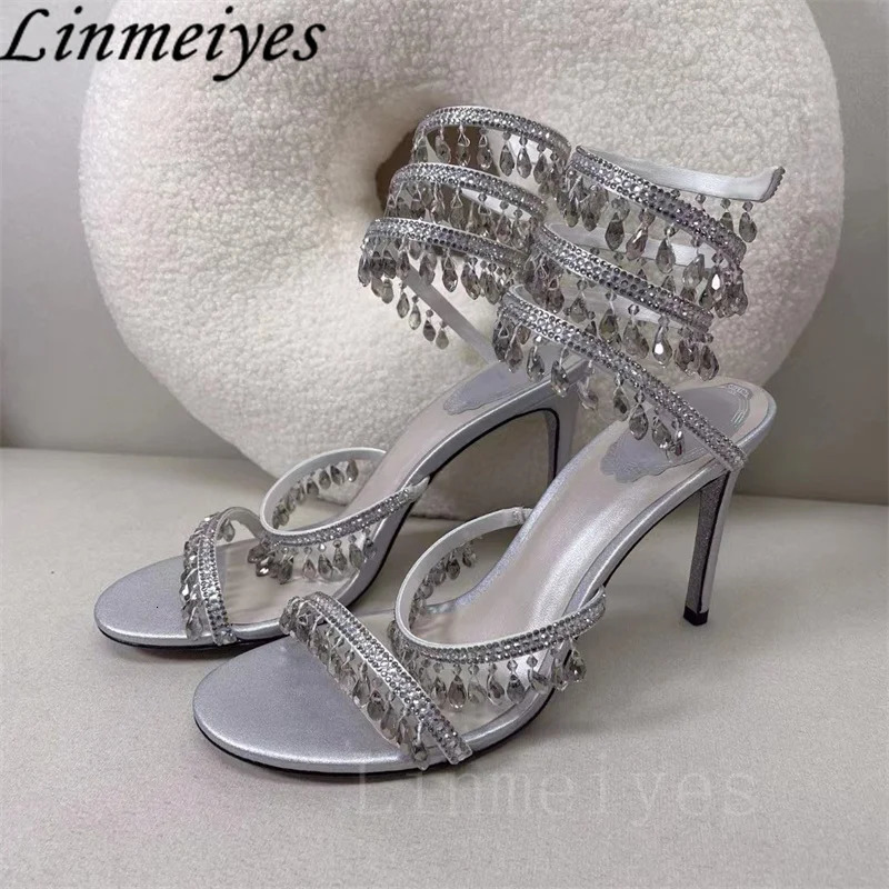 Summer High Heels Sandals Women Rhinestone String Bead Ankle Snake Twine Around Wedding Shoes Lady Gladiator Sandals Woman 240528